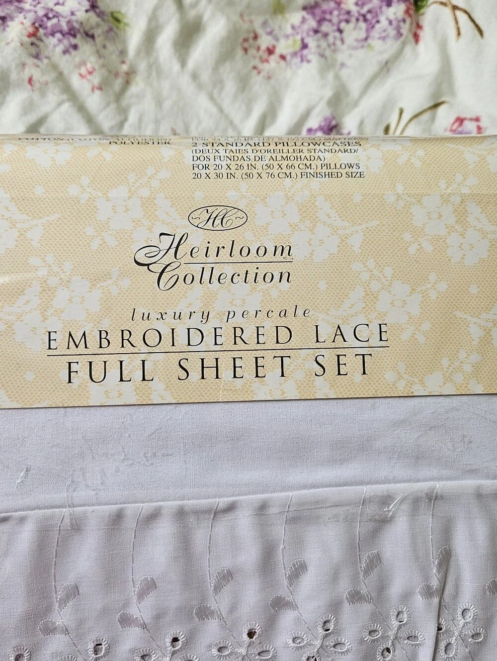 Vtg NEW Heirloom Collection Luxury Percale White Eyelet Full Sheet Set
